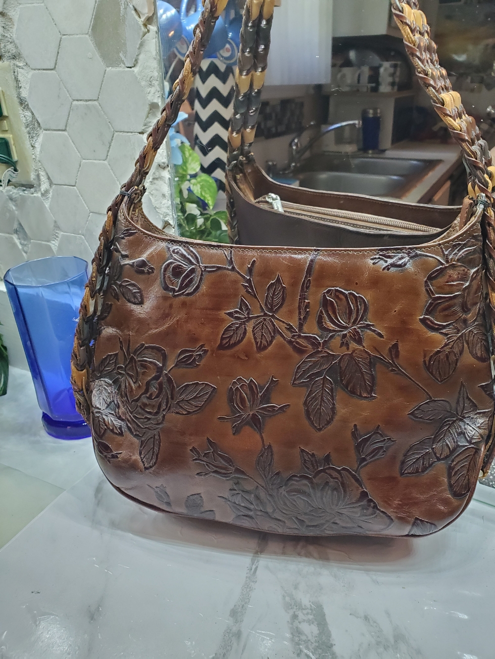 Embossed Floral Leather Shoulder Bag - Brown